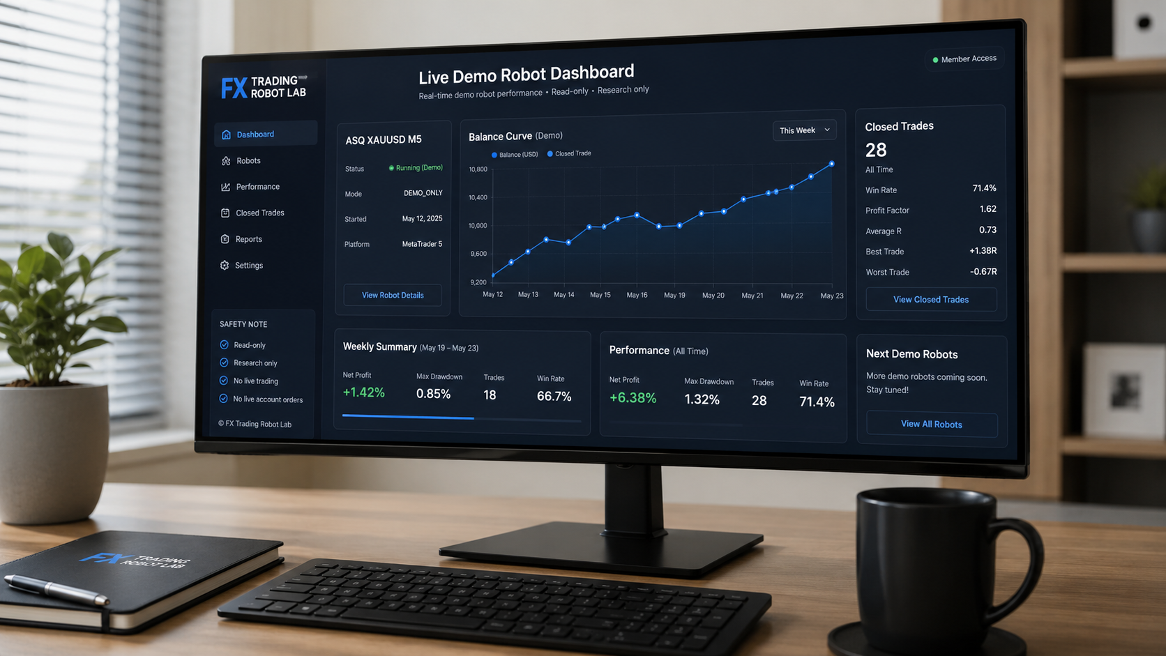 Live Demo Robot Dashboard showing demo balance curves and closed-trade research